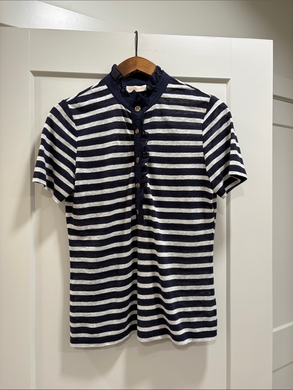 Tory Burch Navy Striped Ruffle Collar Top—100% Linen—Like New!! Preppy—Cool—S
